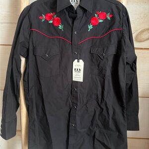 Ely Cattleman Black Western Shirt with Red Floral Embroidery